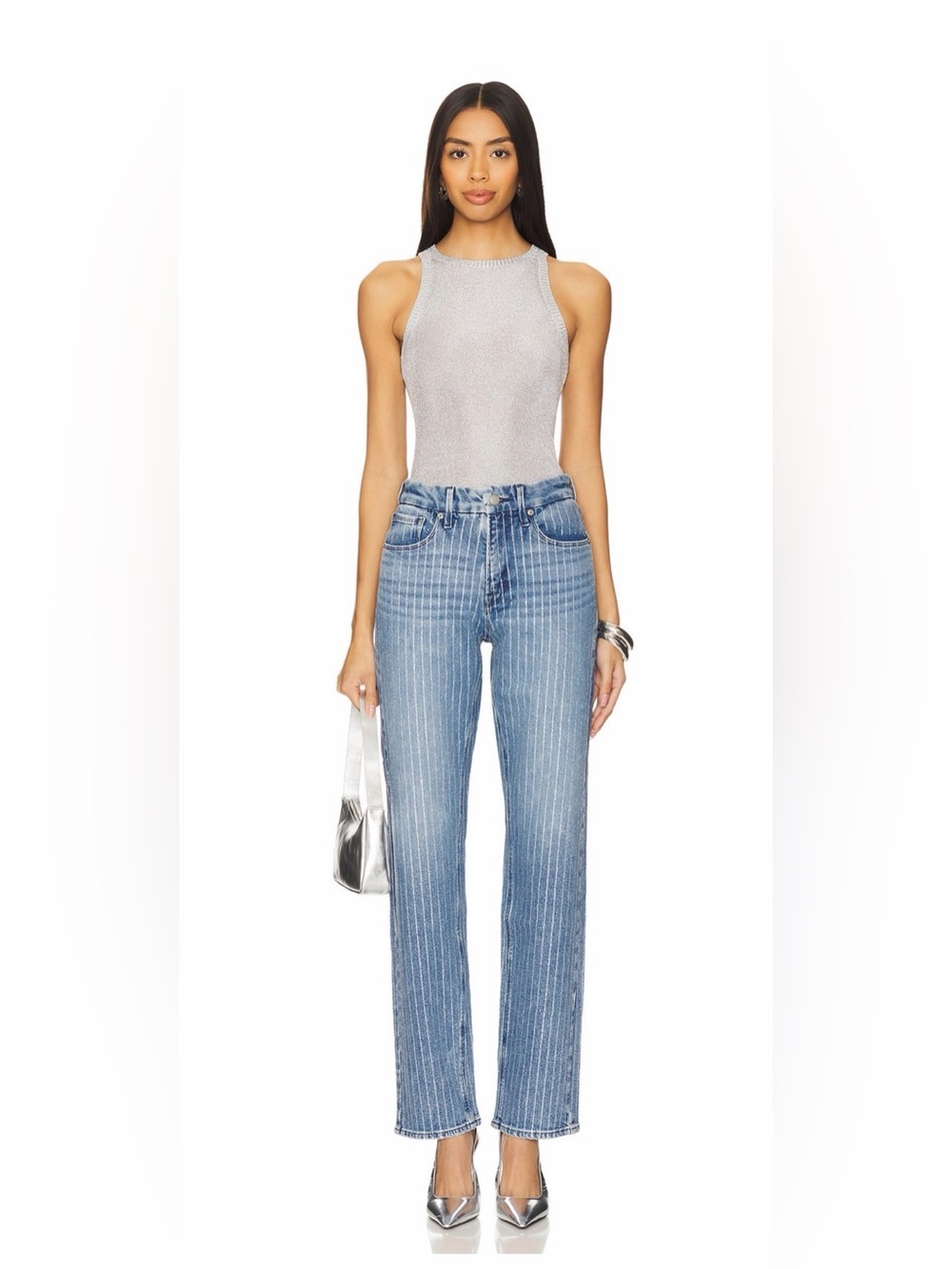 Good Icon Rhinestone Pinstripe Straight Leg Jeans